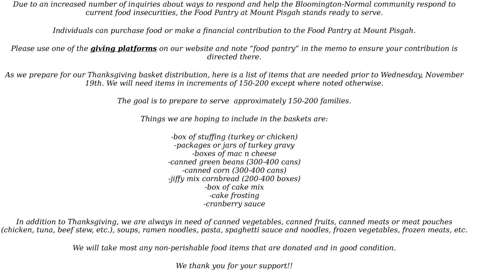 Message from our Food Pantry